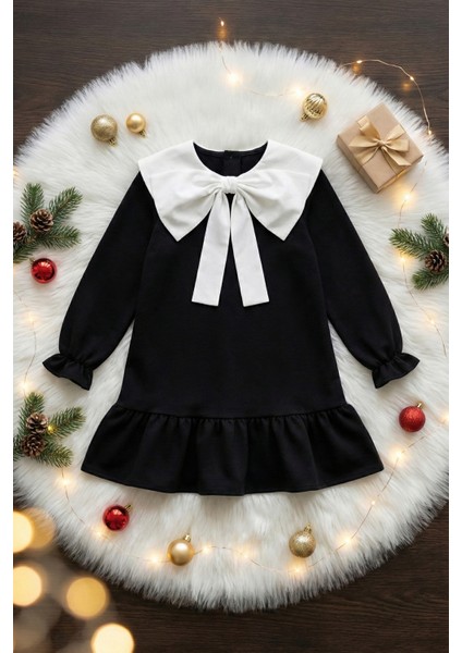 Kız Çocuk Rashel Siyah Elbise Beyaz Yakalı Fırfırlı Uzun Kol 23 Nisan 29 Ekim Gösteri Elbisesi fırsatları