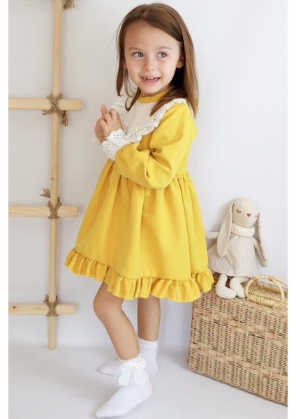 Kız Çocuk Ruby Hardal Uzun Kollu Dantel Detaylı Fırfırlı Elbise
