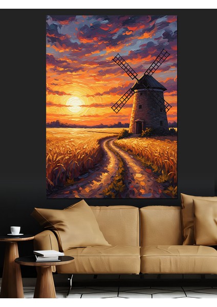 Gün Batımında Yel Değirmeni Manzarası Dekoratif Kanvas - Mdf Ahşap Tablo