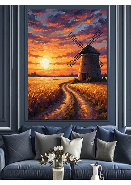 Gün Batımında Yel Değirmeni Manzarası Dekoratif Kanvas - Mdf Ahşap Tablo fiyatları