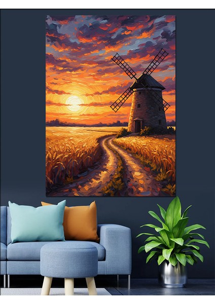 Gün Batımında Yel Değirmeni Manzarası Dekoratif Kanvas - Mdf Ahşap Tablo indirimleri