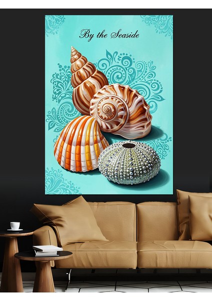 Turkuaz Fonlu Deniz Kabukları Illüstrasyonu Dekoratif Kanvas - Mdf Ahşap Tablo