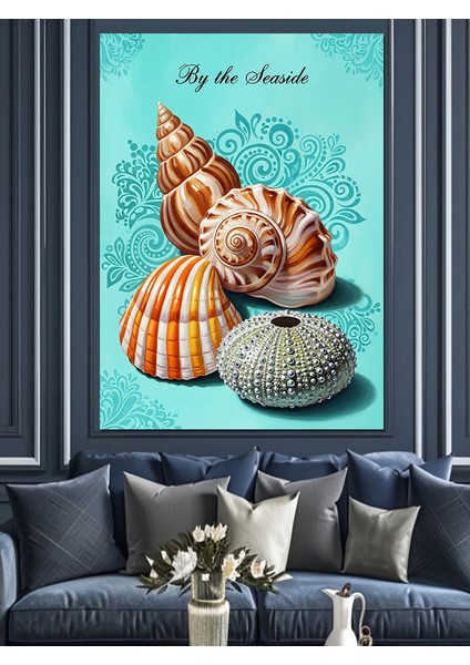 Turkuaz Fonlu Deniz Kabukları Illüstrasyonu Dekoratif Kanvas - Mdf Ahşap Tablo fiyatları
