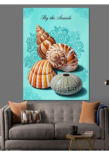 Turkuaz Fonlu Deniz Kabukları Illüstrasyonu Dekoratif Kanvas - Mdf Ahşap Tablo fırsatları