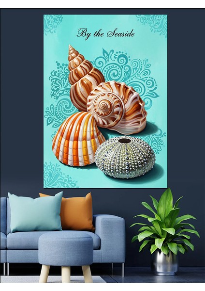Turkuaz Fonlu Deniz Kabukları Illüstrasyonu Dekoratif Kanvas - Mdf Ahşap Tablo indirimleri