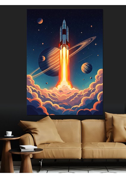 Uzaya Fırlatılan Roket Illüstrasyonu Dekoratif Kanvas - Mdf Ahşap Tablo