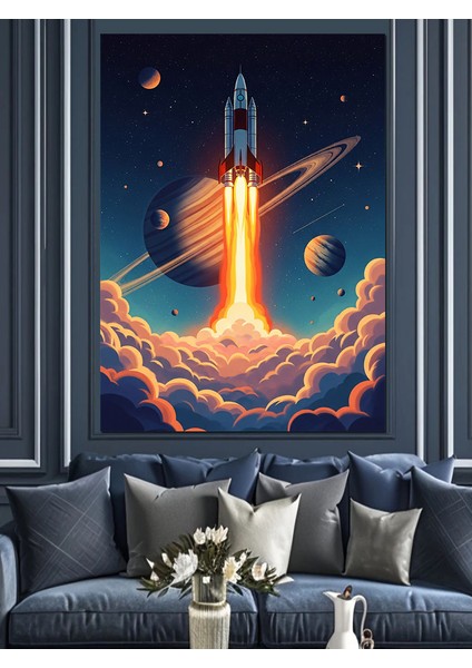 Uzaya Fırlatılan Roket Illüstrasyonu Dekoratif Kanvas - Mdf Ahşap Tablo fiyatları