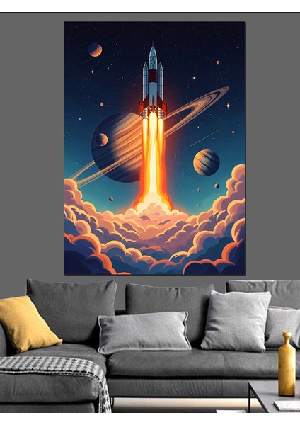 Uzaya Fırlatılan Roket Illüstrasyonu Dekoratif Kanvas - Mdf Ahşap Tablo modelleri