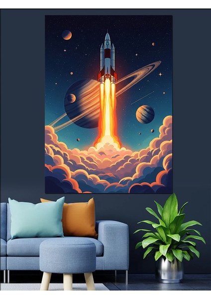 Uzaya Fırlatılan Roket Illüstrasyonu Dekoratif Kanvas - Mdf Ahşap Tablo indirimleri