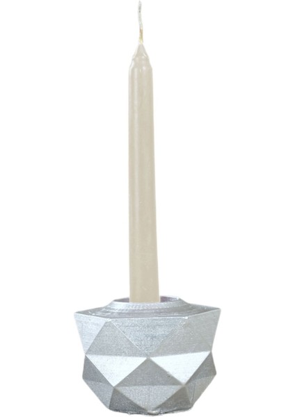 Şeffaf Prizma Tasarımlı Parlak Gümüş Mumluk ve Şamdan Seti