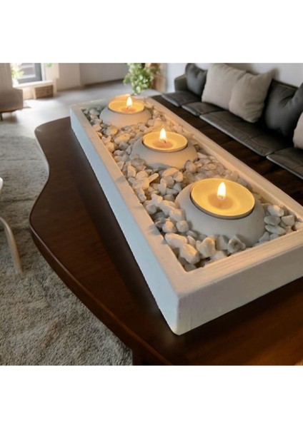 3'lü Beton Tabaklı Dekoratif Mumluk Seti, Şık ve Zarif Tasarım