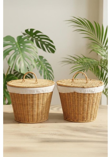 2'li Yuvarlak Rattan Hasır Patates Soğan Sarımsak Meyve Sepeti Düzenleyici Organizer -9T02