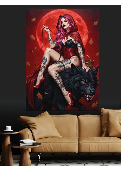 Kurt Üstünde Oturan Kırmızıpelerinli Seksi Kadın Dekoratif Kanvas - Mdf Ahşap Tablo