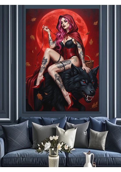 Kurt Üstünde Oturan Kırmızıpelerinli Seksi Kadın Dekoratif Kanvas - Mdf Ahşap Tablo fiyatları