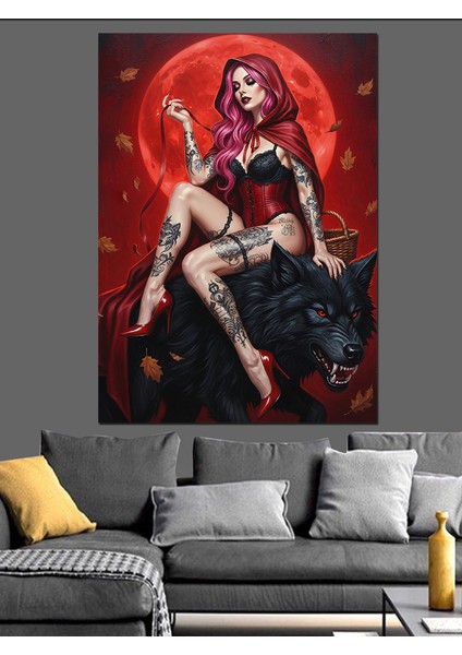 Kurt Üstünde Oturan Kırmızıpelerinli Seksi Kadın Dekoratif Kanvas - Mdf Ahşap Tablo modelleri
