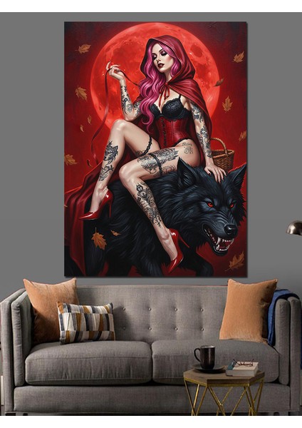 Kurt Üstünde Oturan Kırmızıpelerinli Seksi Kadın Dekoratif Kanvas - Mdf Ahşap Tablo fırsatları