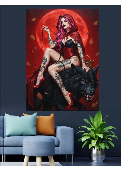 Kurt Üstünde Oturan Kırmızıpelerinli Seksi Kadın Dekoratif Kanvas - Mdf Ahşap Tablo indirimleri
