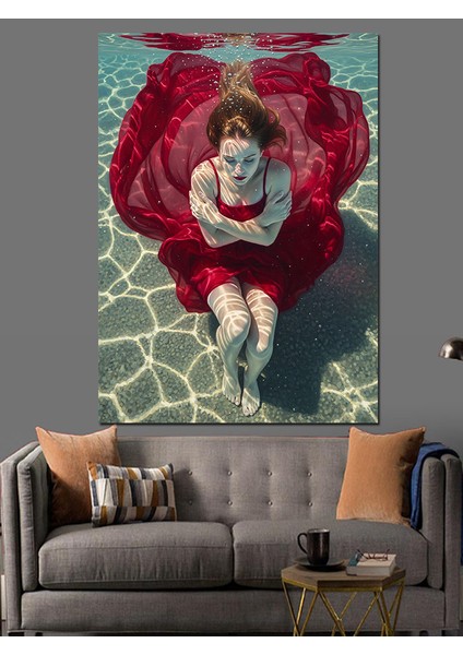 Su Altında Pembe Elbiseli Güzel Kız Dekoratif Kanvas - Mdf Ahşap Tablo
