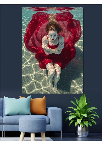 Su Altında Pembe Elbiseli Güzel Kız Dekoratif Kanvas - Mdf Ahşap Tablo fiyatları