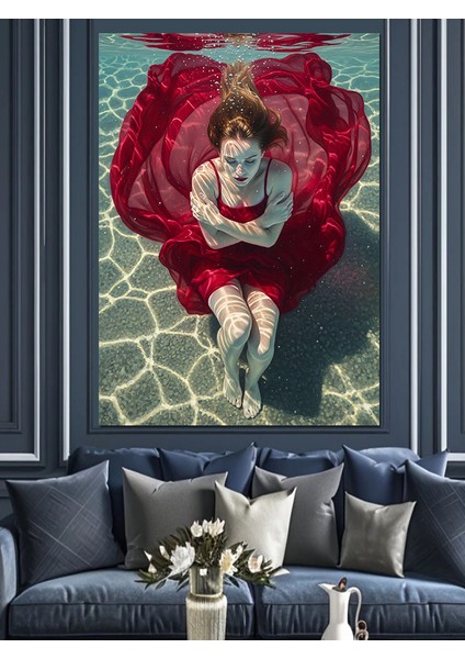 Su Altında Pembe Elbiseli Güzel Kız Dekoratif Kanvas - Mdf Ahşap Tablo fırsatları