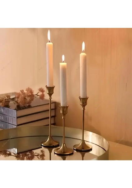 Vintage Gold Metal 3’lü Şamdan, Hafif Eskitme Mum Tutacağı