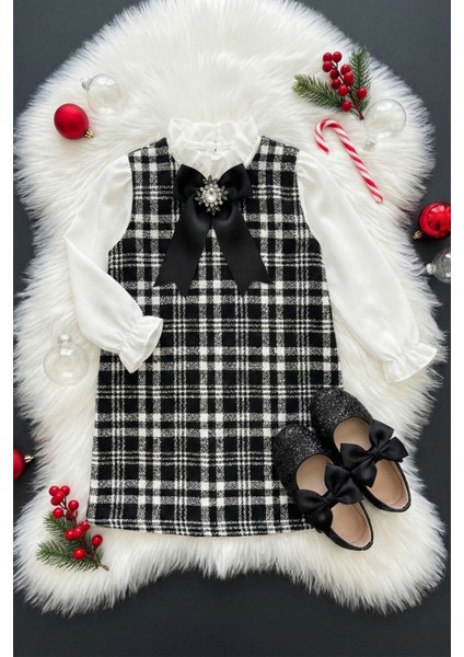 Kız Çocuk Siyah Vanessa Broş Detaylı Tüvit Uzun Kollu Yılbaşı Elbisesi fiyatları