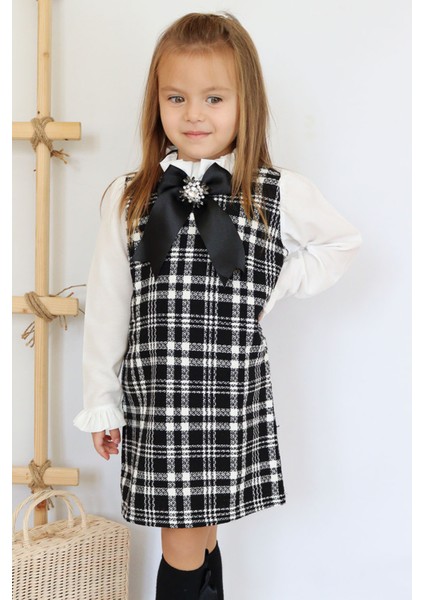 Kız Çocuk Siyah Vanessa Broş Detaylı Tüvit Uzun Kollu Yılbaşı Elbisesi