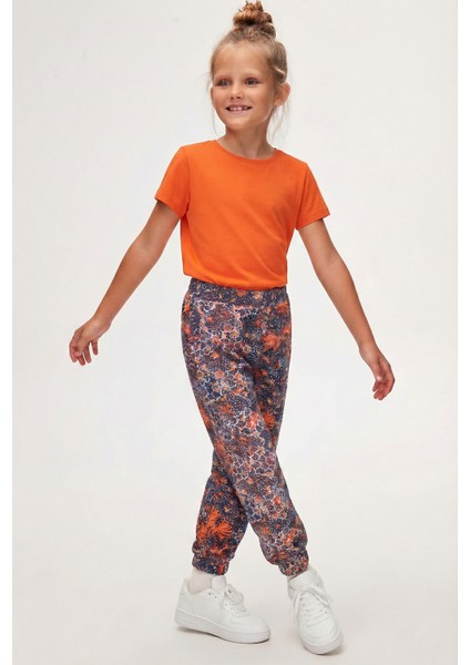 Turuncu Yaprak Kız Çocuk Desenli Cepli Eşofman Altı