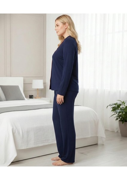 Kadın Büyük Beden Düğmeli Uzun Kollu Viskon Pijama Takımı modelleri