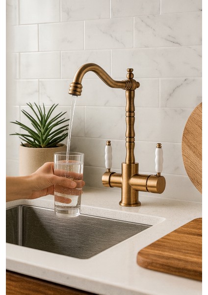 Rustik Mat Gold Arıtmalı 3 Yollu Mutfak Evye Batarya Prinçlüks Musluk Garanti Porselen Kol Armatür