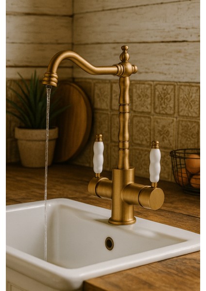 Rustik Mat Gold Arıtmalı 3 Yollu Mutfak Evye Batarya Prinçlüks Musluk Garanti Porselen Kol Armatür fiyatları