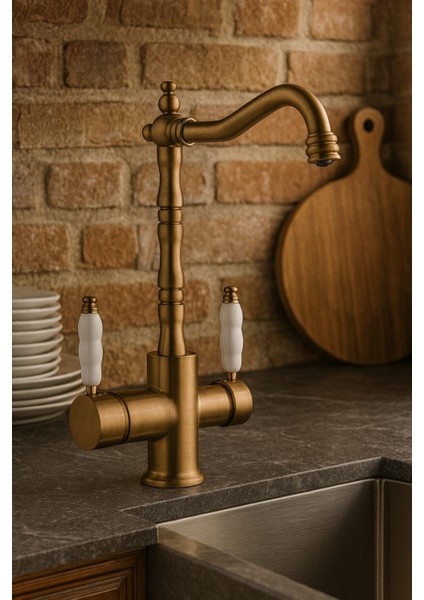 Rustik Mat Gold Arıtmalı 3 Yollu Mutfak Evye Batarya Prinçlüks Musluk Garanti Porselen Kol Armatür modelleri