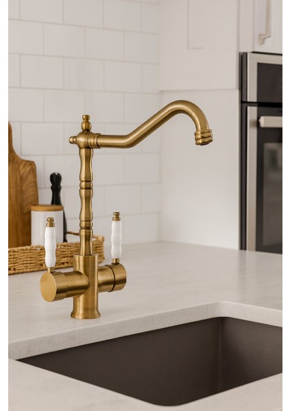 Rustik Mat Gold Arıtmalı 3 Yollu Mutfak Evye Batarya Prinçlüks Musluk Garanti Porselen Kol Armatür fırsatları