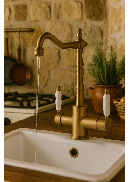 Rustik Mat Gold Arıtmalı 3 Yollu Mutfak Evye Batarya Prinçlüks Musluk Garanti Porselen Kol Armatür indirimleri