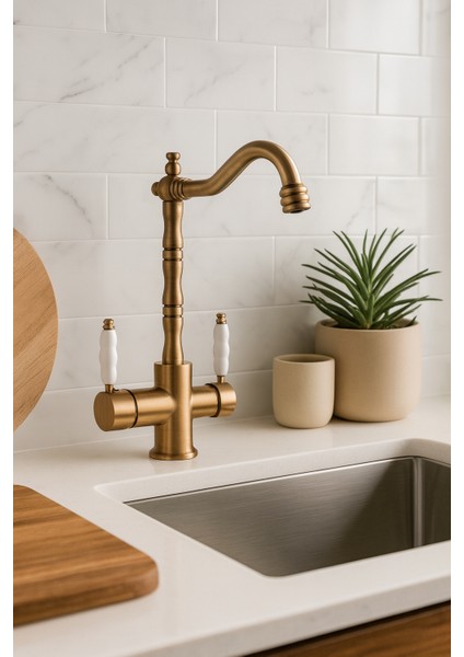 Rustik Mat Gold Arıtmalı 3 Yollu Mutfak Evye Batarya Prinçlüks Musluk Garanti Porselen Kol Armatür