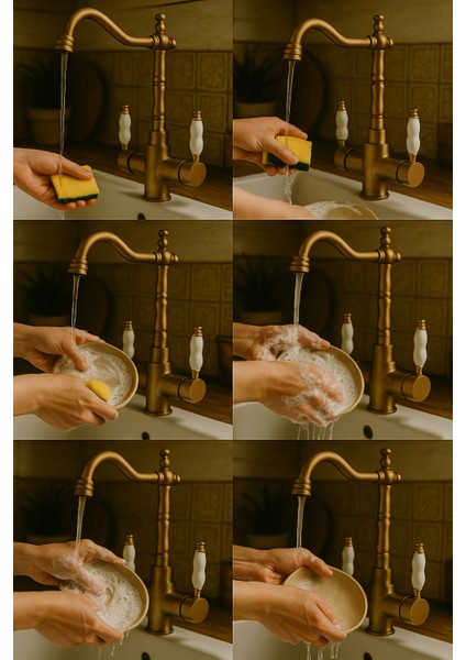 Rustik Mat Gold Arıtmalı 3 Yollu Mutfak Evye Batarya Prinçlüks Musluk Garanti Porselen Kol Armatür