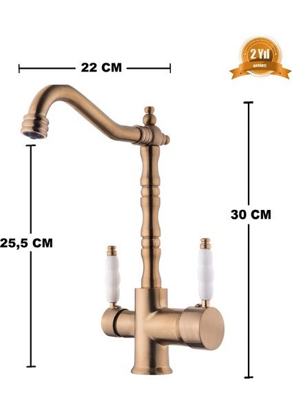 Rustik Mat Gold Arıtmalı 3 Yollu Mutfak Evye Batarya Prinçlüks Musluk Garanti Porselen Kol Armatür