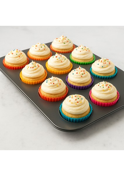 12'li Silikon Muffin Kalıbı Seti Yapışmaz & Esnek Fırına Dayanıklı Cupcake ve Kek Kalıpları, 6 Renk