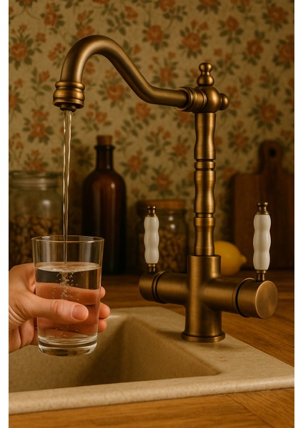 Rustik Antik Arıtmalı 3 Yollu Mutfak Evye Bataryası Prinç Lüks Musluk Garantili Porselen Kol Armatür