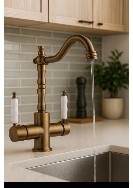 Rustik Antik Arıtmalı 3 Yollu Mutfak Evye Bataryası Prinç Lüks Musluk Garantili Porselen Kol Armatür fiyatları
