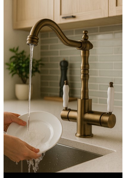 Rustik Antik Arıtmalı 3 Yollu Mutfak Evye Bataryası Prinç Lüks Musluk Garantili Porselen Kol Armatür modelleri