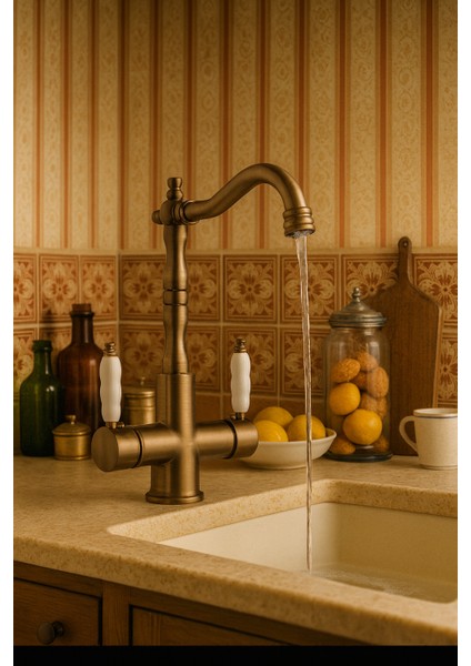 Rustik Antik Arıtmalı 3 Yollu Mutfak Evye Bataryası Prinç Lüks Musluk Garantili Porselen Kol Armatür fırsatları