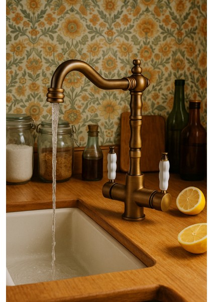 Rustik Antik Arıtmalı 3 Yollu Mutfak Evye Bataryası Prinç Lüks Musluk Garantili Porselen Kol Armatür indirimleri