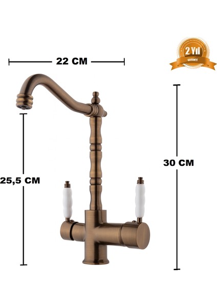 Rustik Antik Arıtmalı 3 Yollu Mutfak Evye Bataryası Prinç Lüks Musluk Garantili Porselen Kol Armatür