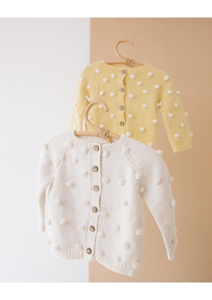 El Örgüsü %100 Pamuk Ekru Ponponlu Hırka