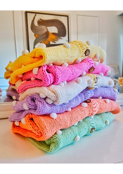 El Örgüsü %100 Pamuk Ekru Ponponlu Hırka