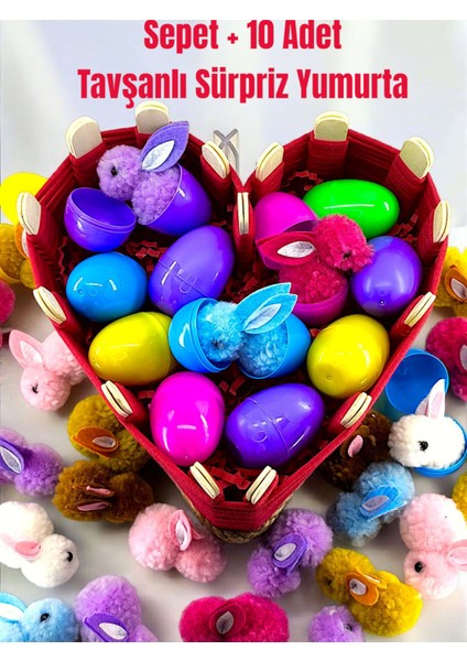 Kalp Kutu 10 Adet Yumurtalı Peluş Tavşanlı Hediye Kutusu Sepeti El Emeği