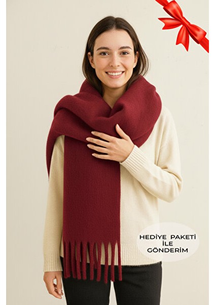 Puffy Bordo Atkı Şal Yumuşak Dokulu Kadın Omuz Şalı 50 x 190 cm