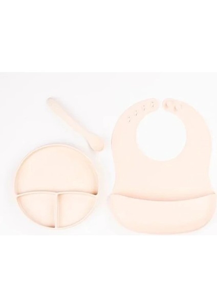 Krem Rengi 3’lü Silikon Yemek Seti – Önlük + Diş Kaşıyıcılı Kaşık + Vakumlu Tabak