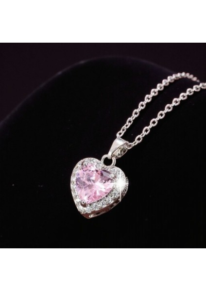 Kalp Kolye Aşk Kolyesi Çelik Zincir Gümüş Renk Pembe Zirkon Taşlı Kalp Kolye